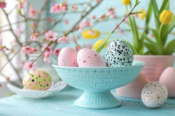 Obraz na płótnie Canvas Vibrant Easter eggs with playful patterns are presented in an elegant blue ceramic bowl, symbolizing joy and festivity of the season