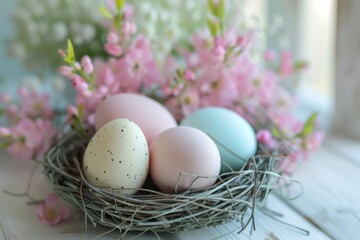 Soft-focus image of a twig nest containing gentle pastel-colored Easter eggs and soft pink flowers adding to the spring spirit