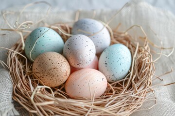 Naklejka na ściany i meble A rustic and natural close-up of speckled Easter eggs in varying pastel hues, nestled in a bed of dried straw