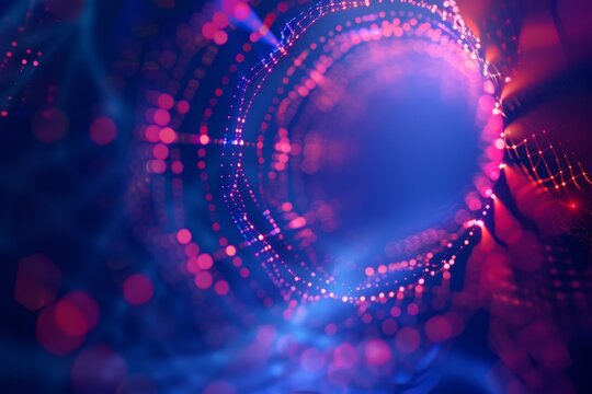 a sonic web with dots and rings on its blue background with lens flare and multifaceted geometry, intertwined networks Generative AI.