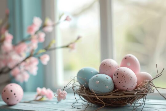 Soft-focused image of pastel-colored Easter eggs in a natural nest with cherry blossoms by a bright window