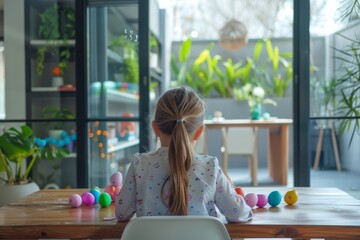 A young girl with her back turned, looks out a window, surrounded by colorful Easter eggs - obrazy, fototapety, plakaty