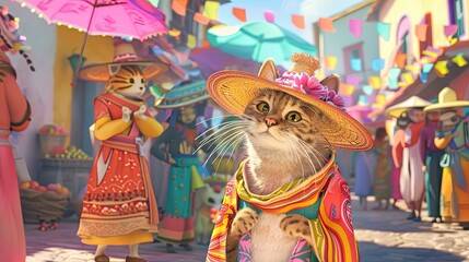 Fototapeta premium 3D cat exploring a pastel-hued folk market, dressed in traditional garb, full of life and color