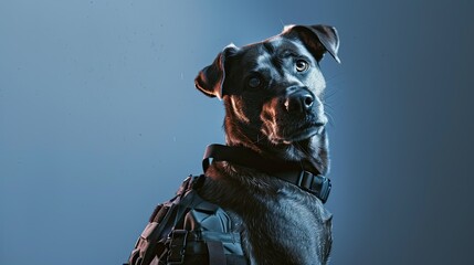 Brave dog in a security outfit, standing guard, vigilant eyes scanning the area