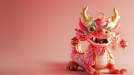 Charming 3D baby dragon in Chinese costume, playful stance on a pastel background