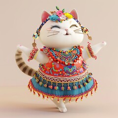 Cute cat in 3D, adorned with folk accessories, participating in a pastel-colored folk dance - obrazy, fototapety, plakaty