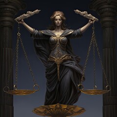 Obraz premium Justice card and Libra's balance cast in shadows, a figure weighing moral depths beyond sight