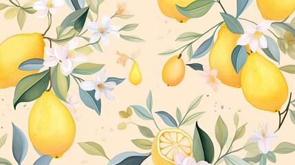 Lemon pastel Whimsical, seamless illustration of lemons in pastel hues, with fantasy elements for a dreamy escape
