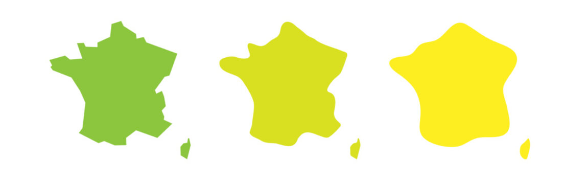 France country black outline and colored country silhouettes in three different levels of smoothness. Simplified maps. Vector icons isolated on white background.