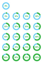 Infographic vector set of percentage pie chart icons 0, 5, 10, 15, 20, 25, 30, 35, 40, 45, 50, 55, 60, 65, 70, 75, 80, 85, 90, 95, 100