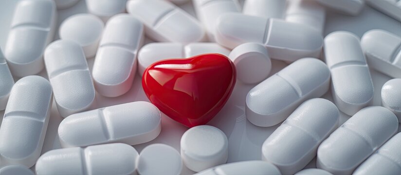 This photo shows a close-up, top-down view of a red heart placed amidst a circle of white pills. The image symbolizes the relationship between healthcare, medication, and the heart, possibly hinting