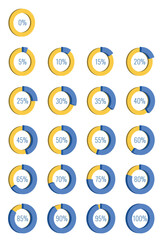 Infographic vector set of 3D percentage pie chart icons from zero to one hundred in steps of five