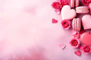 A collection of heart-shaped cookies neatly arranged on a pink background. Cookies of different sizes and decorated with colorful icing. Some of the cookies have 