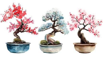 Watercolor Tree Bonsai. Hand draw. AI Generative