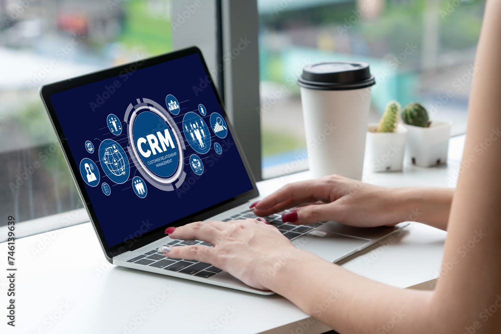Poster customer relationship management system on modish computer for crm business and enterprise