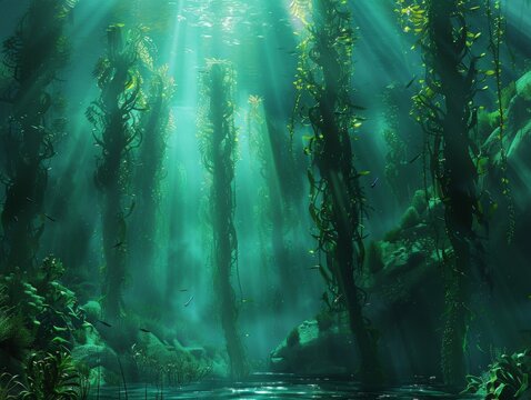 6Kelp Forest Underwater Paradise Illuminate the dense ethereal beauty of a kelp forest teeming with marine life Use minimal lighting to highlight the forests intricate details and textures