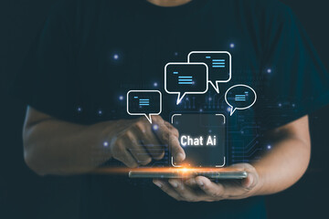 Chat Ai tech concept. Business people use phone to connect robot chatting with AI bot conversation,...