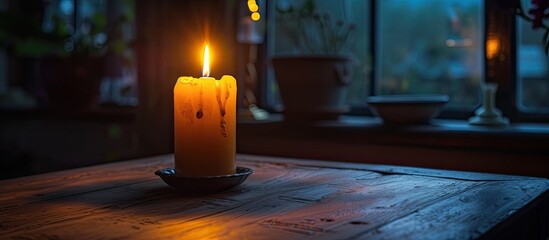 A single lit candle sits atop a wooden table, casting a warm glow in a mysteriously dark room. The flickering flame illuminates the immediate surroundings. - obrazy, fototapety, plakaty