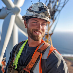 Renewable energy engineer working on wind turbine.