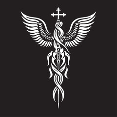 Fototapeta premium Caduceus health in cartoon, doodle style . Image for t-shirt, web, mobile apps and ui. Isolated 2d vector illustration in logo, icon, sketch style, Eps 10, black and white. AI Generative