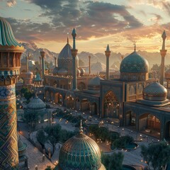 Glory of the Persian Empire Depict the grandeur of the Persian Empire at its zenith focusing on architectural marvels and vibrant bazaars with detailed cinematic color grading - obrazy, fototapety, plakaty