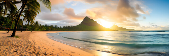 Pristine Hawaiian Beachscape at Sunset: A Tropical Paradise Unleashed - obrazy, fototapety, plakaty