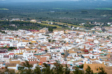 Cityscape view from Almodovar castle (Castillo de Almodovar del Rio), a castle of Muslim origin  in Almodovar del Rio, Spain