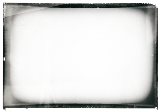 Artistic vintage wet plate photo frame template with vignetting, blurring, dust and film grain on transparent background (png image). Useful for design, vintage film effects, and frames
