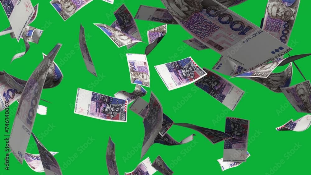 Poster 3D animation of Costa Rican colon notes Falling On green screen. Money transition effect. Remove the background by keying or subtracting with the black and white matte to replace with a custom one