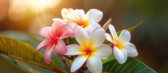 Three white and pink Plumeria flowers contrast beautifully against a vibrant green leaf. The delicate petals are in full bloom, showcasing their natural beauty.