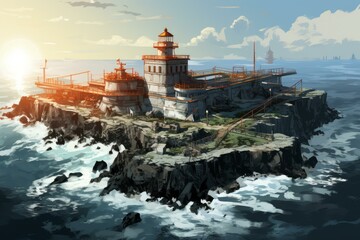 Grim Prison island buildings. Nature travel sea. Generate Ai