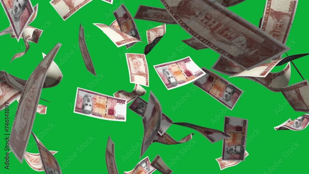 Poster 3D animation of Cuban peso notes Falling On green screen. Money transition effect. Remove the background by keying or subtracting with the black and white matte to replace with a custom one