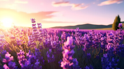 Obraz premium A field of lavender flowers with a blurry sky in the background