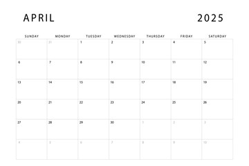 April 2025 calendar. Monthly planner template. Sunday start. Vector design