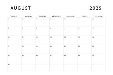 August 2025 calendar. Monthly planner template. Sunday start. Vector design