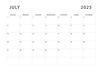 July 2025 calendar. Monthly planner template. Sunday start. Vector design