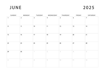 June 2025 calendar. Monthly planner template. Sunday start. Vector design