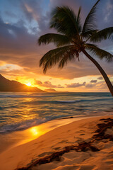 Pristine Hawaiian Beachscape at Sunset: A Tropical Paradise Unleashed
