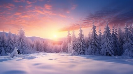 Obraz premium Winter landscape wallpaper with pine forest covered with snow and scenic sky at sunset. Snowy fir tree in beauty nature scenery