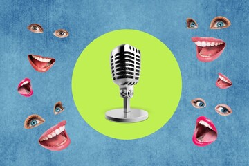 Creative abstract collage lips talking to microphone