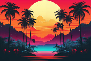 Fototapeta na wymiar Sunset Scene With Palm Trees and Mountains. Generative AI.