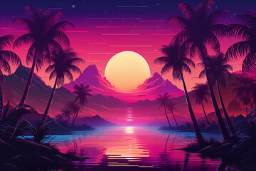 Sunset Scene With Palm Trees and Mountains. Generative AI.