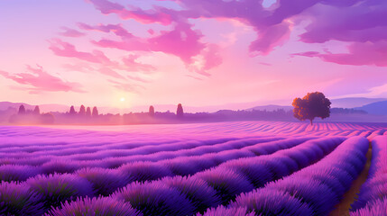 A field of lavender flowers with a blurry sky in the background