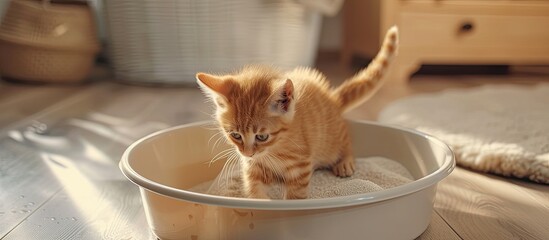 A small kitten is curiously exploring a bowl on the floor, possibly mistaking it as a new hiding spot or source of food. The tiny feline seems to be on an adventure in its new home, with the owner