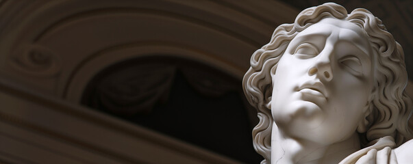 a closeup of a marble sculpture of a face looking upward in a museum under an arch - 746141466