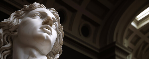 a closeup of a marble sculpture of a face looking upward in a museum under an arch - 746141467