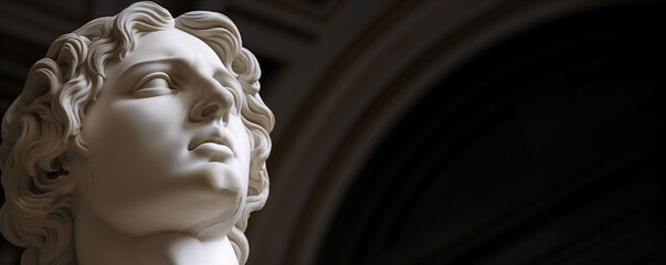 a closeup of a marble sculpture of a face looking upward in a museum under an arch - 746141468
