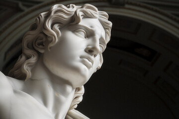a closeup of a marble sculpture of a face looking upward in a museum under an arch - obrazy, fototapety, plakaty