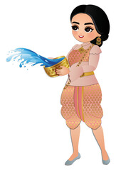 Happy cartoon traditional thai dress costume enjoy in Songkran festival Thailand 