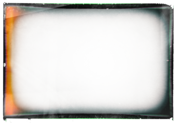 Artistic vintage wet plate photo frame template with vignetting, light leak and chromatic aberration on transparent background (png image). Useful for design, vintage film effects, and frames